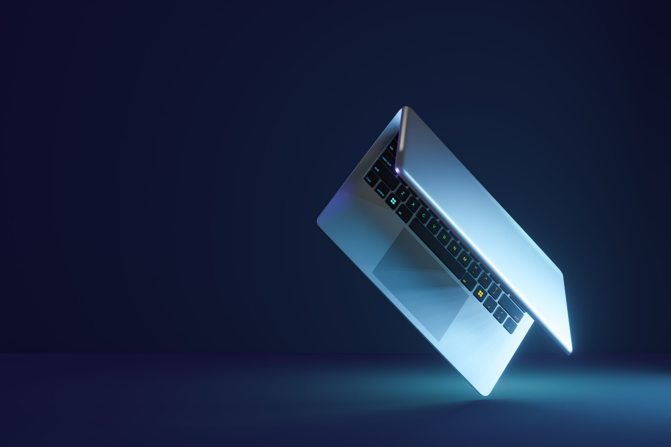 3d laptop computer with flip screen on blue dark background. 3d